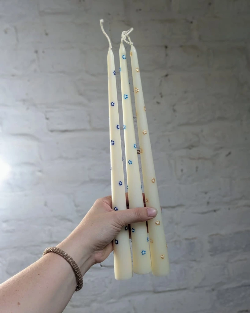 Trio chandelles fleurs bleu-doré